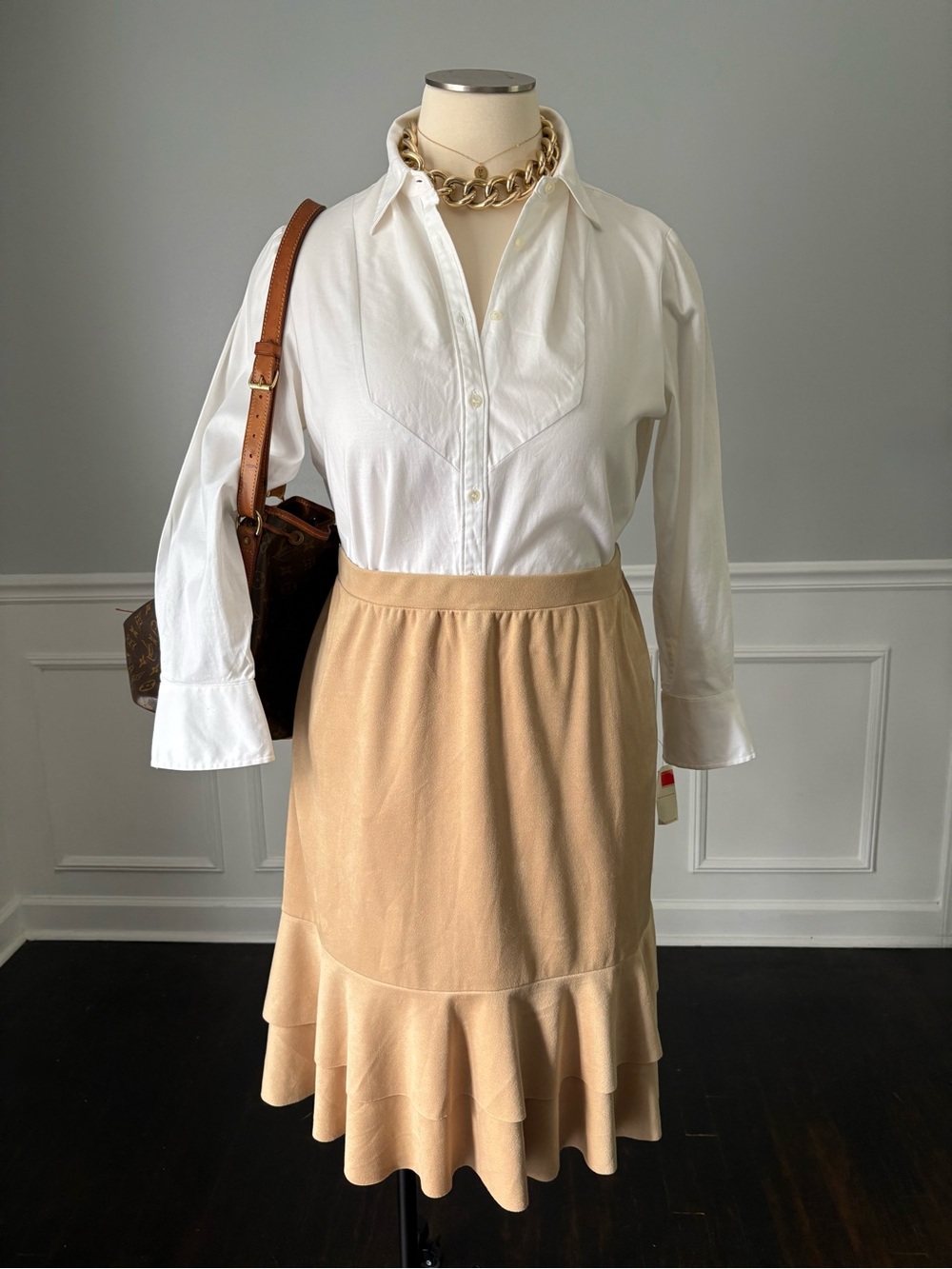 Avenue Faux Suede Ruffle Tiered Midi Skirt